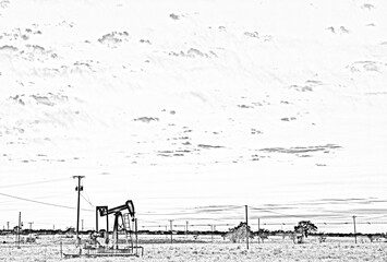 A black and white photo converted to a digital sketch of a pump jack in an oil field 