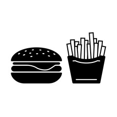 Cheeseburger and fries icon. Tasty hamburger topped with cheese and French fries. Vector Illustration