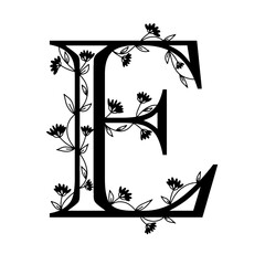 Floral botanical alphabet. Vintage hand drawn monogram letter E. Letter with plants and flowers. Vector lettering isolated on white
