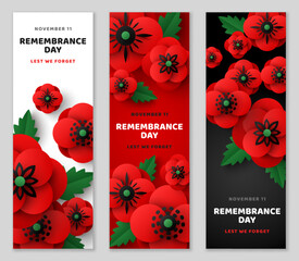 Remembrance Day vertical banner set, poster template, Memorial Anzac card flyer, paper cut poppy flowers border frame. Vector illustration. Craft floral design. Place for text, Lest we forget