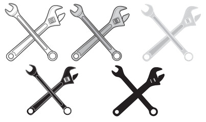 Set of Two metal open-ended and adjustable wrenches isolated on white background white background. Repair tool. Vector illustration