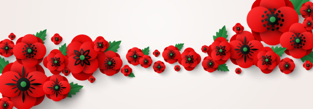 Remembrance Day abstract wallpaper, header template. Memorial card, paper cut poppy flowers, border frame. Vector illustration. Craft spring poster. Place for text. Anzac banner concept design
