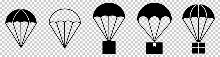 Set of parachute icons. Delivery service symbols. Vector illustration isolated on transparent background - obrazy, fototapety, plakaty