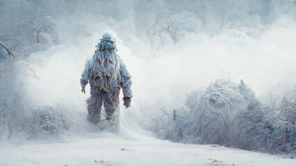 Yeti in the snow covered Himalaya mountains, mysterious furry creature walking in the frozen...