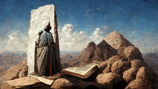 Illustration of Moses receiving the ten commandments at Mount Sinai, religion and faith,  prophet of judaism and christianity