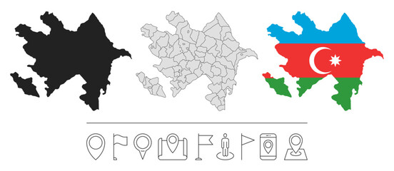 Set of different Azerbaijan maps with national flag. Navigation line icons. Vector illustration.