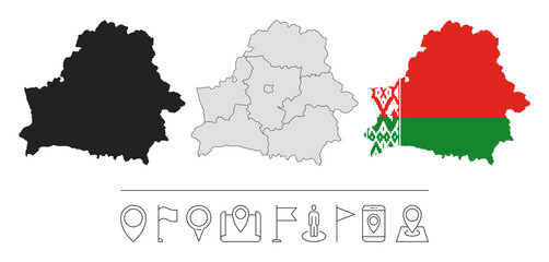 Set of different Belarus maps with national flag. Navigation line icons. Vector illustration.