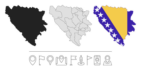 Set of different Bosnia and Herzegovina maps with national flag. Navigation line icons. Vector illustration.