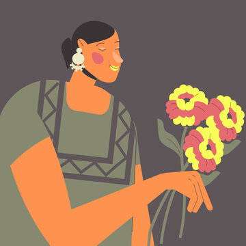 Ilustración de vector de mujer mexicana indígena con ropa tradicional nacional de perfil sosteniendo ramo de flores