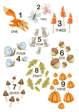 Children's poster with numbers from 1 to 10. Watercolor illustration.