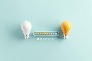 Idea Loading, Loading bar almost complete with idea being processed on a light bulb on blue background. 3d render.