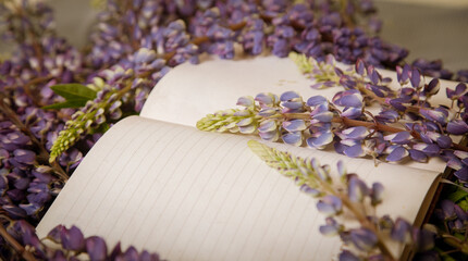 an open notebook and lilac lupines. romantic photography. a clean notepad in a line