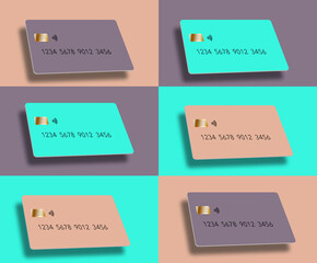 Modern credit cards in pastel colors are seen on a colorful background in this 3-d illustration.