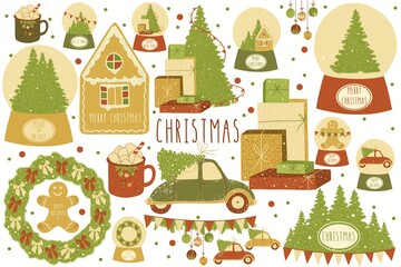 Festive christmas illustrations with christmas tree, snow globe, cocoa