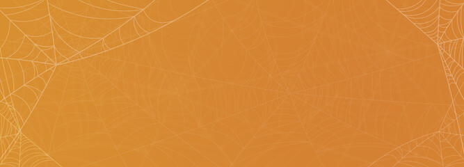 Halloween design horizontal web banner tamplate blank with copy space place for text text area. Cartoon style bright yellow orange spider web illustration.