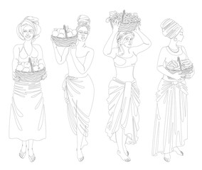 Collection. Silhouettes of a girl in a headscarf. The lady holds in her hands a basket with bananas and apples, grapes, oranges Woman in a modern one line style, contour. Vector illustration, set.