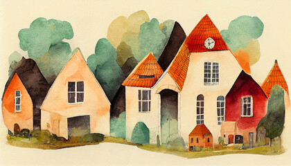 Watercolor painting of a village with old houses and trees - 527401410