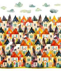 Seamless pattern with watercolor houses and clouds. Illustration for wrapping paper, wallpapers, prints, textile. Isolated on white background. - 527401411