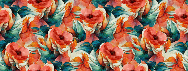Seamless pattern with watercolor poppies. Design for wallpaper, wrapping paper, textile. - 527401421