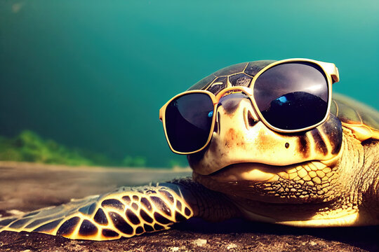 3D-image of cute sea turtle wearing a sunglasses. AI-generated picture, not based on any actual scene