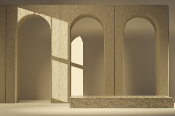 Abstract wall with archways and block podium sunlit through the window. 3d rendering background for product presentation