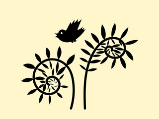 Stylized plants and a bird. Vector drawing, elements for decor.