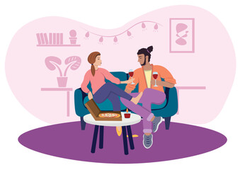 People on a date drink wine and eat pizza in a flat design. Includes girl and men, wine, candle, pizza in a box and a light background with books, a plant, a picture and a garland.