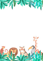 Safari animals watercolor templates illustration for nursery and baby shower with lion, giraffe and zebra, A4