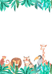 Fototapeta premium Safari animals watercolor templates illustration for nursery and baby shower with lion, giraffe and zebra, A4