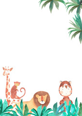 Obraz na płótnie Canvas Safari animals watercolor templates illustration for nursery and baby shower with lion, giraffe and zebra, A4