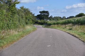 A quiet country road winding through lush green vegetation and fields under a bright blue sky,...