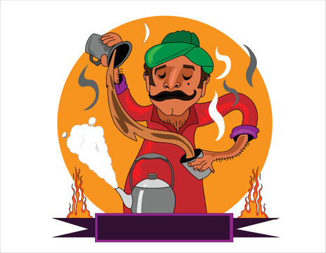 chai wala cartoon character Indian, Pakistani street tea seller