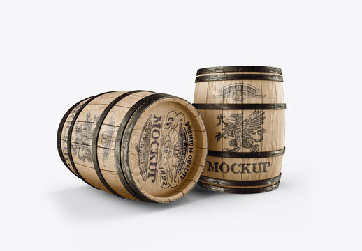 Set Wooden Barrels Mockup