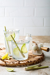 Lemongrass Honey Lime and Lychee cocktail. Lime soda lemongrass ginger refreshing summer drink. Lychee Mojito