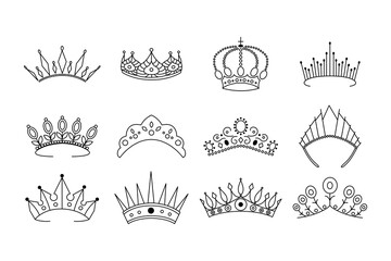 Modern thin line icons set of crown. Simple pictograms for web sites and mobile app. Vector line icons of crowns isolated on a white background