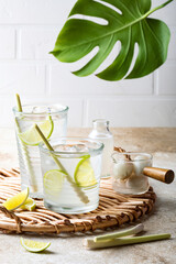 Lemongrass Honey Lime and Lychee cocktail. Lime soda lemongrass ginger refreshing summer drink. Lychee Mojito