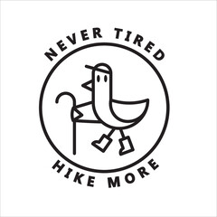 Trekking logo, a bird with a walking stick, wearing boots, line art. Vector illustration
