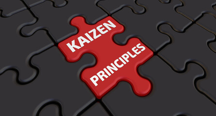 Kaizen principles. The inscription on the red element of the puzzle. Folded black puzzles elements and one red with white text KAIZEN PRINCIPLES. 3D illustration