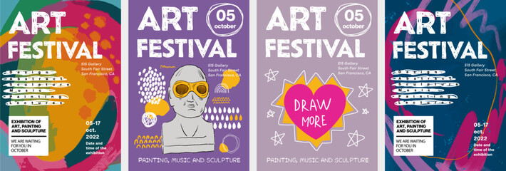 Art posters for festival or an exhibition of painting, culture, sculpture, music and design. Vector abstract modern illustrations for creative festivals and events
