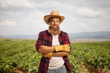 Bearded farmer posing with crossed arms on a grapevine nursery field