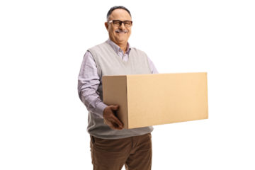 Smiling mature man holding a cardboard box