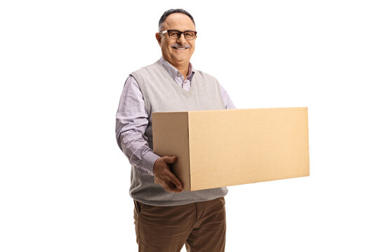 Smiling mature man holding a cardboard box