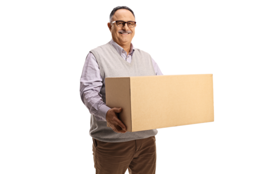 Smiling mature man holding a cardboard box - Powered by Adobe