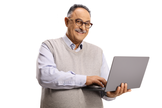 Cheerful mature man holding a laptop computer and looking at camera - Powered by Adobe