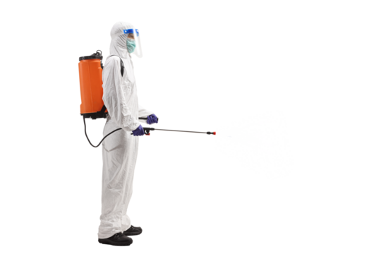 Man in a hazmat suit carrying a disinfectant bottle on his back