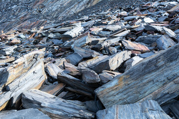 A field of rocks in a high mountain valley in the alps