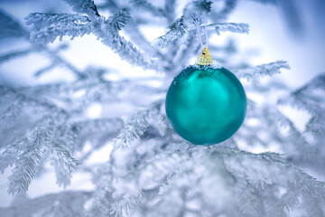 A Christmas tree decorated with turquoise balls and covered with snow. Merry Christmas. Decorated Christmas tree outdoors. Postcard. Copy space