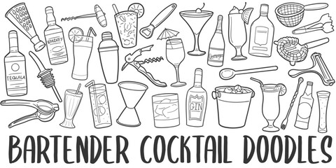 Bartender Banner Doodle Icons. Hand Made Line Art. Cocktail Clipart Logotype Symbol Design.
