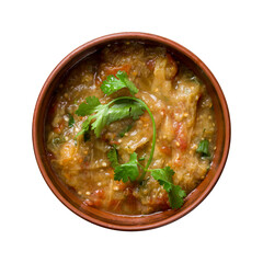ajapsandali , auberdine, vegetables, georgian kitchen on brown bowl isolated on white background top view