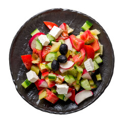 Greek salad with feta and fresh vegetables isolated on white background top view